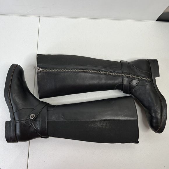 Coach Size 8 Turn Lock Riding Boots Black Leather Side Zip Stretch Panel Women’s - Picture 4 of 13